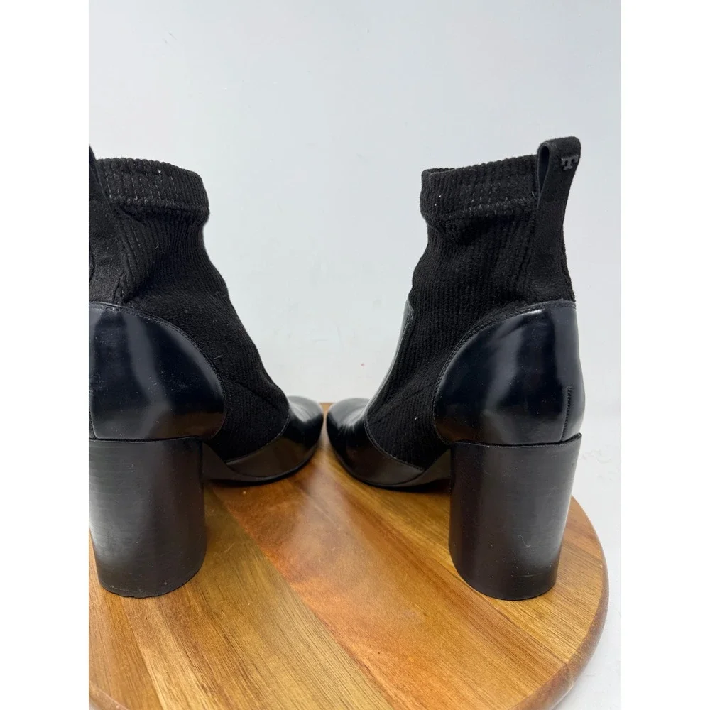Tory Burch Rowan Black Leather Sock Booties Block Heel Ankle Boots Womens‎ 7.5M